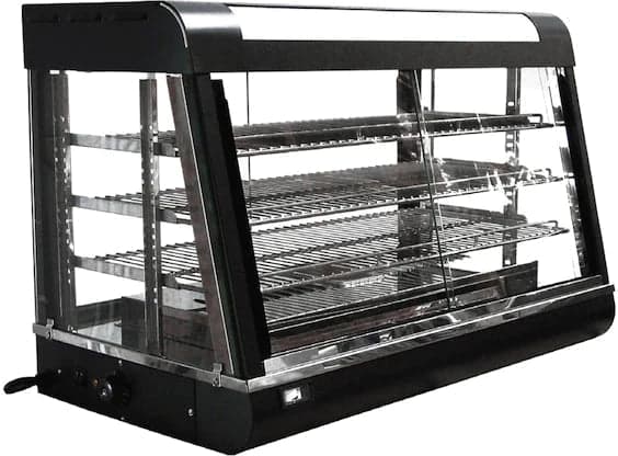Omcan Countertop Display Warmer, 3 Shelves, Sliding Doors, Self/Full-Service, 1500 W