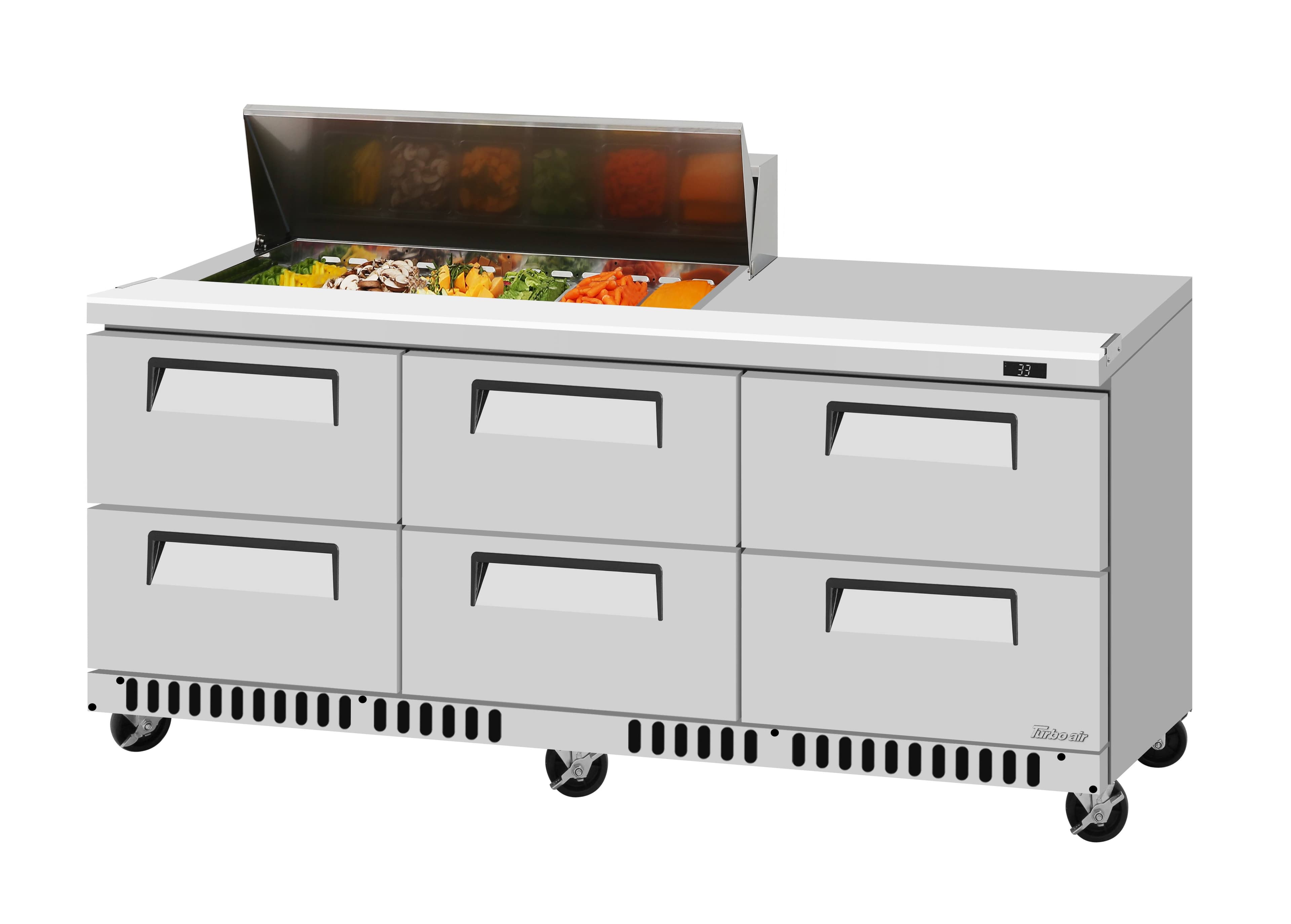 Turbo Air – Super Deluxe Sandwich/Salad Prep + Work Station, 72-5/8″ Wide – TST-72SD-12S-D6-FB-N(-LW)