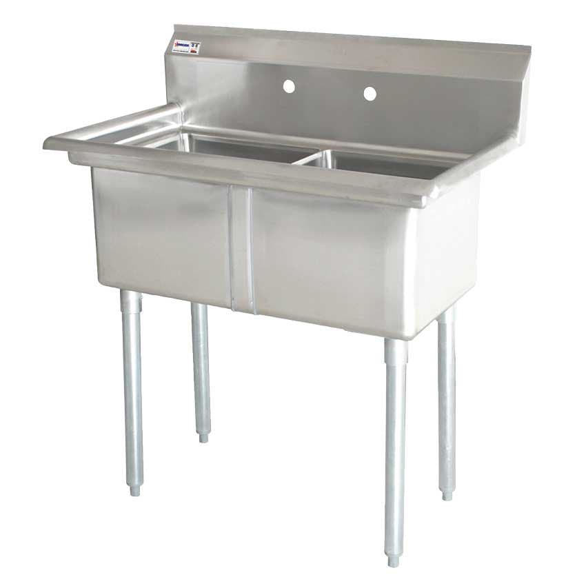 18″ x 21″ x 14″ 18-gauge stainless steel Two Tub Sink with 1.8″ Corner Drain Without Drainboard