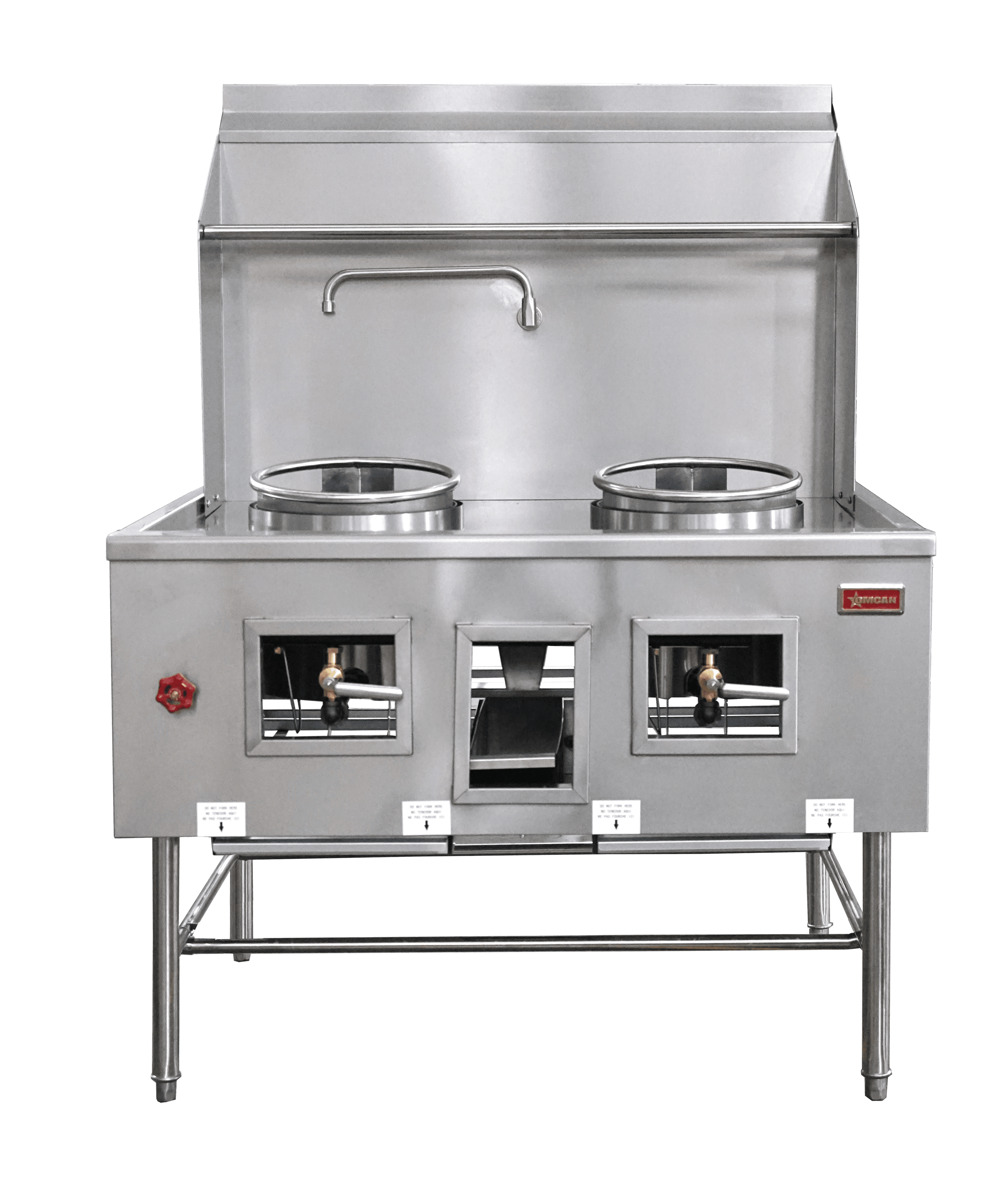 Two Chamber Wok Range with 2 x 13″ Rings, Backsplash, Faucet, 190,000 BTU – Natural Gas