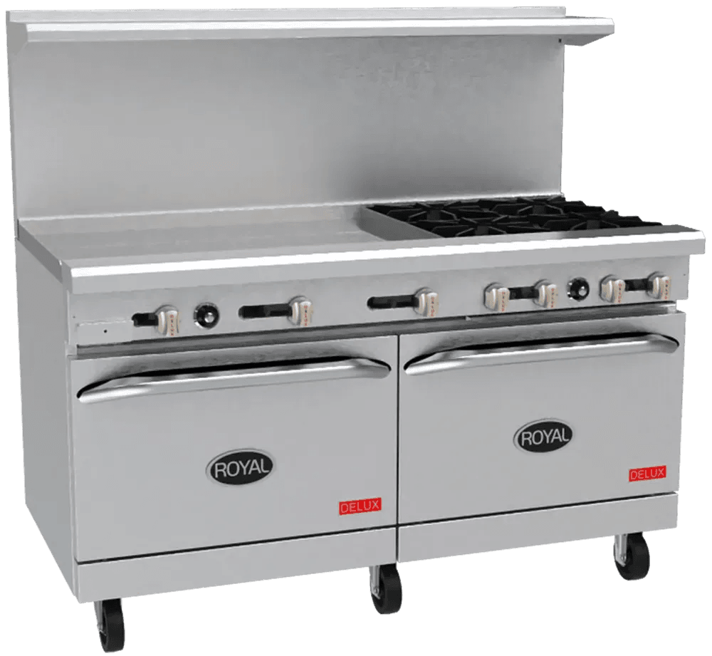 Royal - 60″ Stainless Steel 6 Open Burner Gas Range with 24” Wide Griddle and 26.5" Wide Oven - RR-6G24