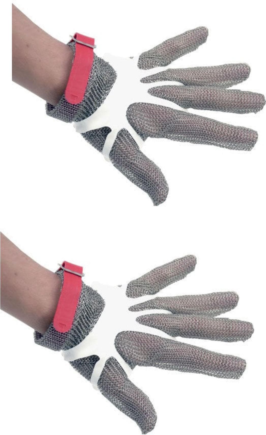 Five Finger Stainless Steel Mesh Glove with Red Silicone Strap - Medium