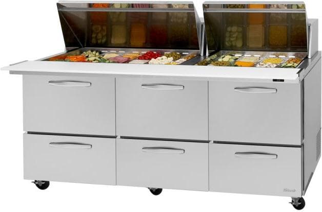 Turbo Air – PRO Series 72.6″ Silver Three-Section Sandwich/Salad Prep Table with 2 Hoods, 4 Drawers, 2 Shelves – PST-72-30-D6-N (ETA 5-6 Weeks)