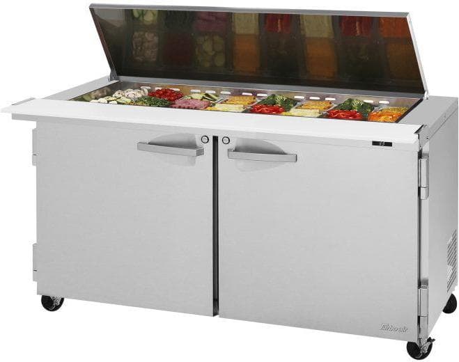 Turbo Air – PRO Series 60.25″ Silver Two-Doors Sandwich/Salad Prep Table-Flat Lid with 2 Stainless Steel Shelves – PST-60-24-N-FL (ETA 5-6 Weeks)