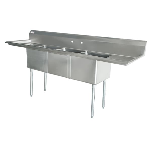 10″ x 14″ x 10″ 18-gauge stainless steel Three Tub Sink with 3.5″ Center Drain and Two Drainboards
