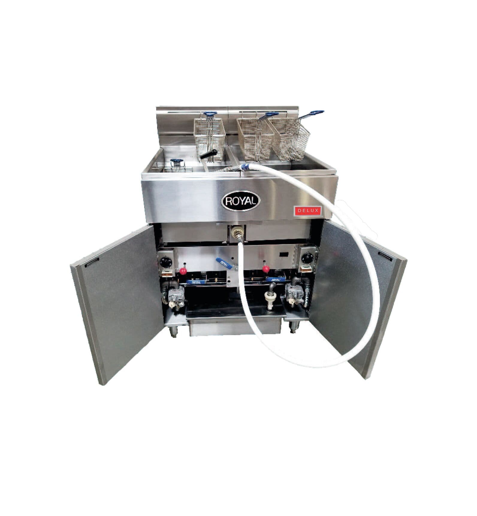 Gas fryer with its doors open, showing the built-in oil filter system and hose