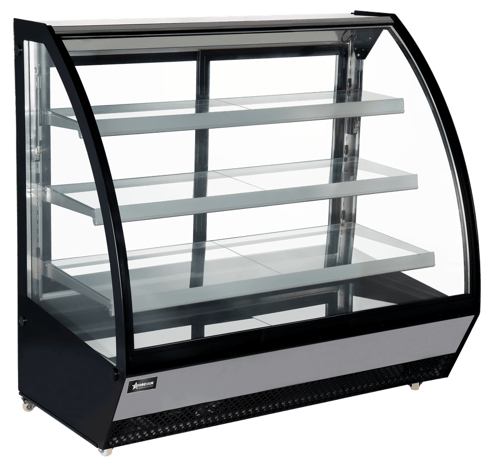 60″ Three (3) Shelf Refrigerated Floor Showcase with Curved Glass, 28 cu.ft. (799 L), Black