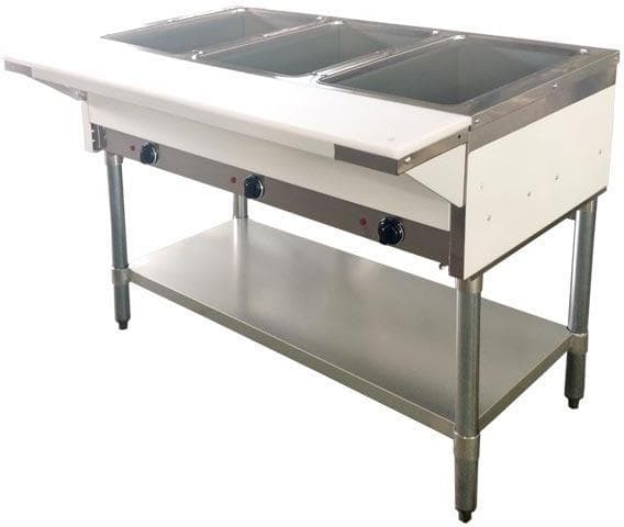 44″ 3 Pan Open Well Electric Steam Table with Cutting Board and Adjustable Undershelf, 208-240 V, 1 Ph, 2.25 kW – 3 kW