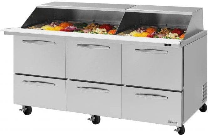 Turbo Air – PRO Series 72.6″ Silver Three-Section Mega Top Sandwich/Salad Prep Table with Slide Lids – PST-72-30-D6-N-SL (ETA 5-6 Weeks)