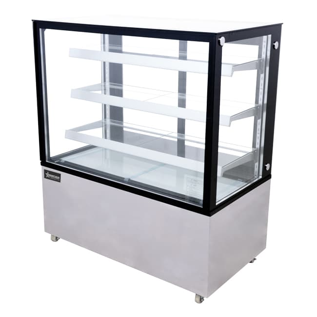 48″ Three (3) Shelf Square Glass Floor Refrigerated Display Case, 18.71 cu.ft. (530 Liter), Stainless steel