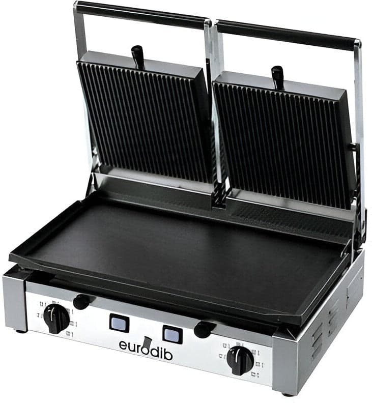 Eurodib – PD Double Electric Panini Grill 220V w/ Ribbed Top & Flat Bottom – SMSPDL3000220