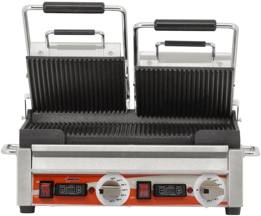 Double Panini Grill with Grooved Plates and Timer – 10″ x 18″ Cooking Surface – 220V, 3200W