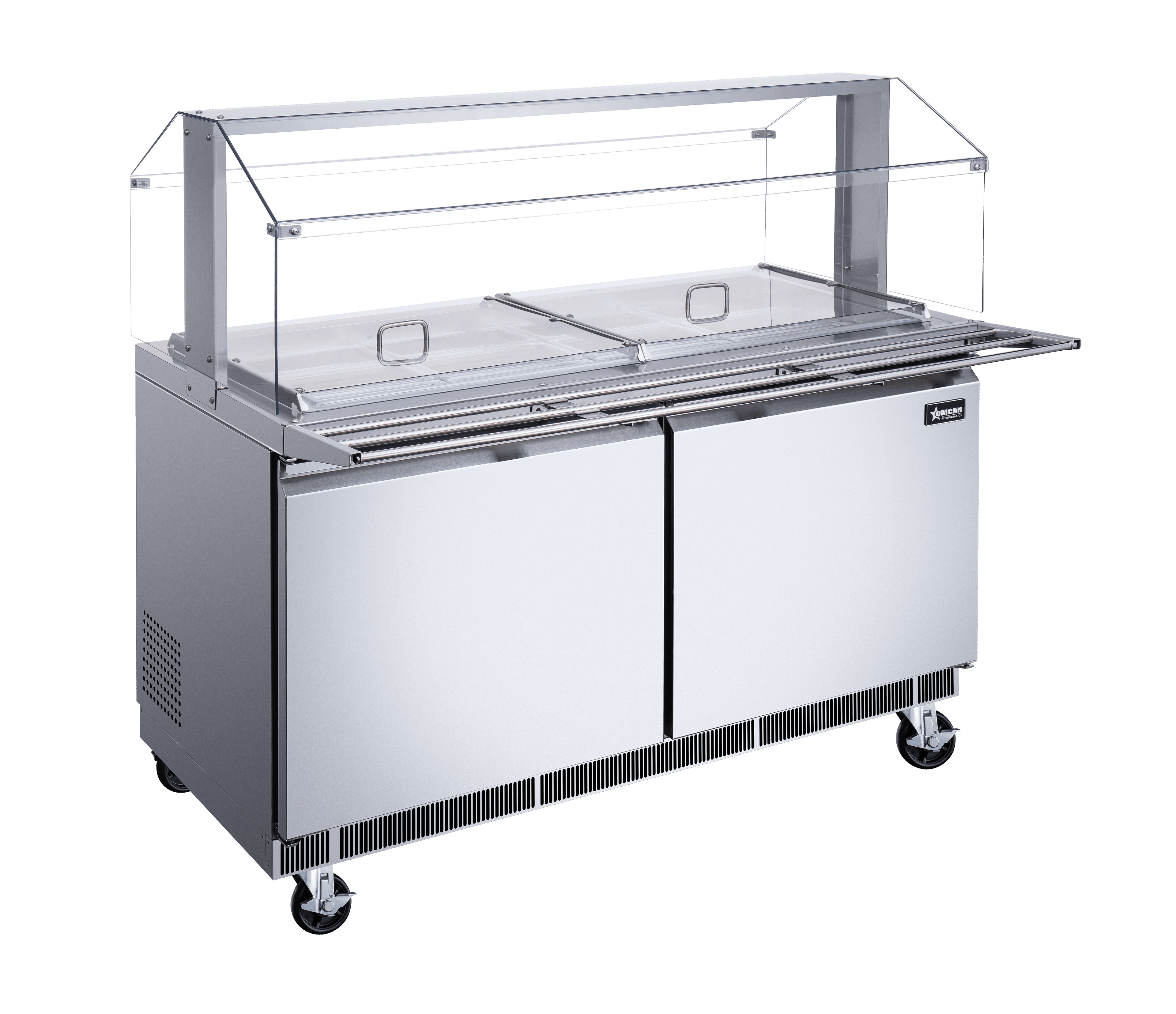 60″ Stainless Steel Refrigerated Salad Bar / Cold Food Table with Sneeze Guard, Tray Slide and Pan Covers