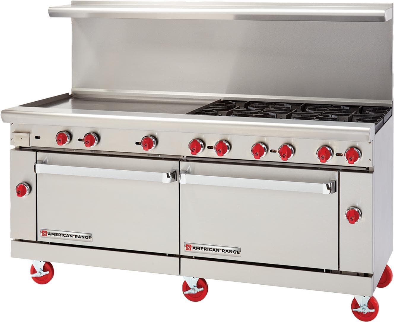 American Range AR-36G-6B 72″ Natural Gas 6-Burner Restaurant Range with 2 Standard Ovens & 36″ Left Griddle Plate – 322,000 BTU
