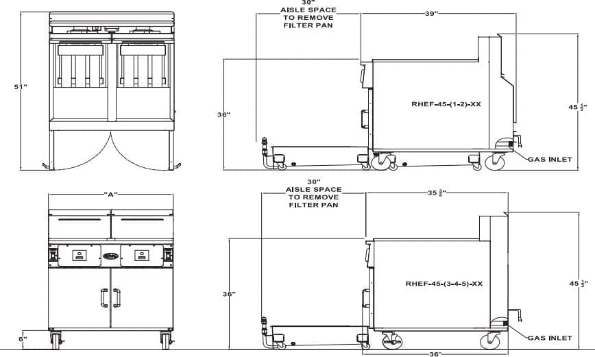 Royal - 45 Lb (62") Digital Thermostat High Efficiency Fryer with Built In Filter System 8 Product Computer Control with Individual Programming - RHEF-45-4-CM