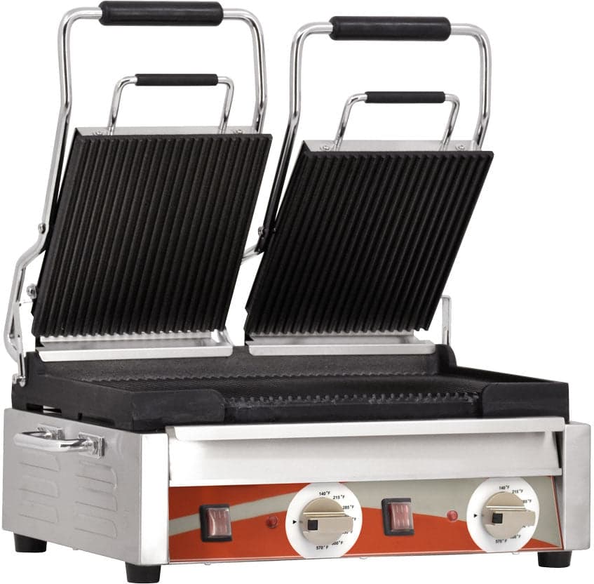 Double Panini Grill with Grooved Plates – 10″ x 18″ Cooking Surface – 220V, 3200W