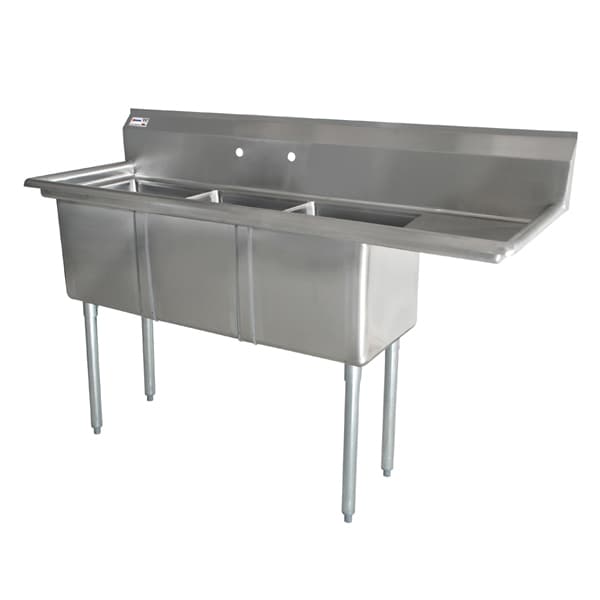 18″ x 18″ x 11″ 18-gauge stainless steel Three Tub Sink with 1.8″ Corner Drain and Right Drainboard