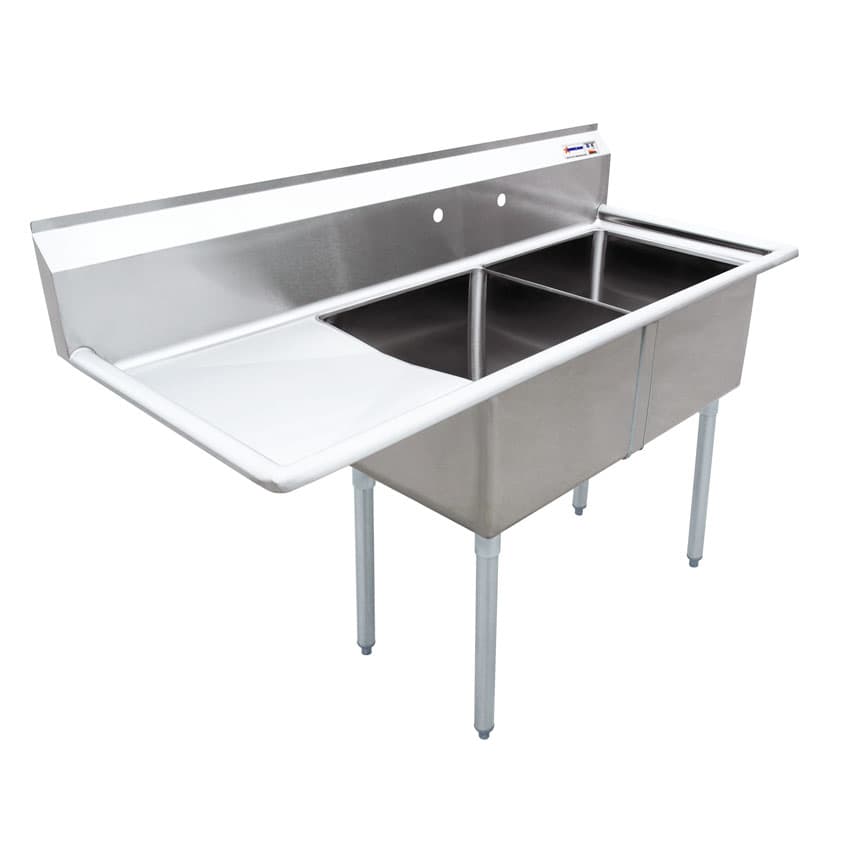 24″ x 24″ x 14″ 18-gauge stainless steel Two Tub Sink with 3.5″ Center Drain and Left Drainboard