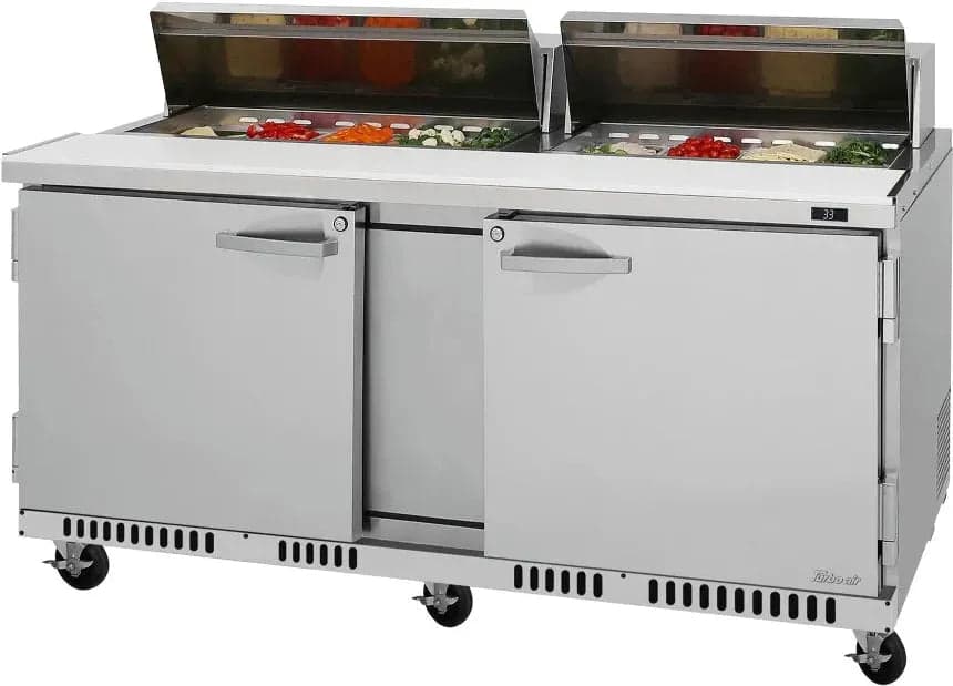 Turbo Air – PRO Series 72.6″ Silver Two-Section Sandwich/Salad Prep Table with Refrigerated Base and 2 Shelves – PST-72-FB-N (ETA 5-6 Weeks)