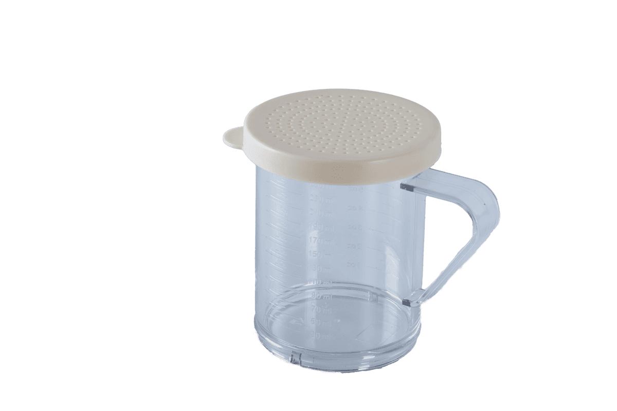 10 oz Polycarbonate Dredge with Beige Lid & 1.2 mm Hole for Finely Ground Products NSF