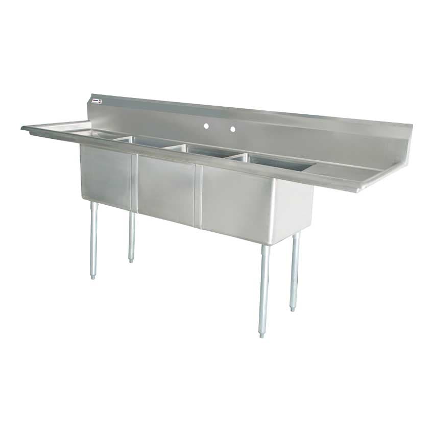 18″ x 21″ x 14″ 18-gauge stainless steel Three Tub Sink with Center Drain and Two Drainboards