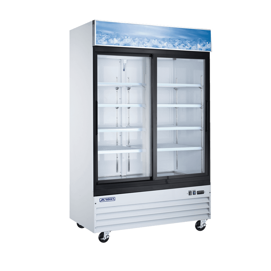 Aurora 54″ Two (2) Sliding Glass Door Display Refrigerator with Lightbox, 45 cu.ft. (1274 L), White