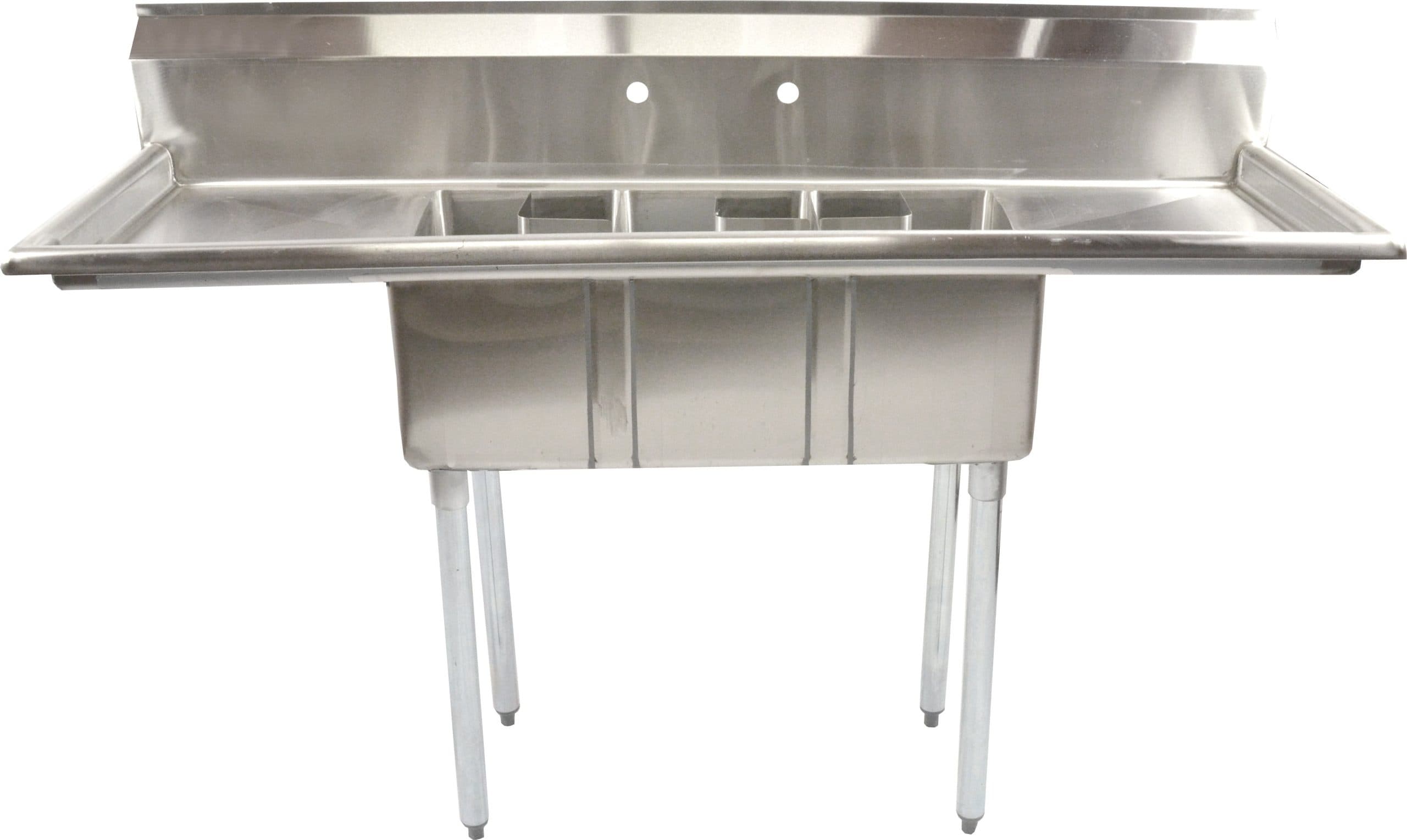 10″ x 14″ x 10″ Stainless Steel Three Tub Space Saver Sink with 16″ Left/Right Drainboards with Corner Drain