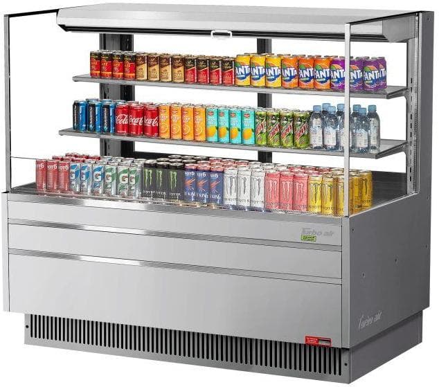 Turbo Air - 58.75" Silver Low Profile Horizontal Open Display Merchandiser Case with 2 Glass Shelves + Deck - TOM-60L-UFD-S-3S-N (ETA 5-6 Weeks)