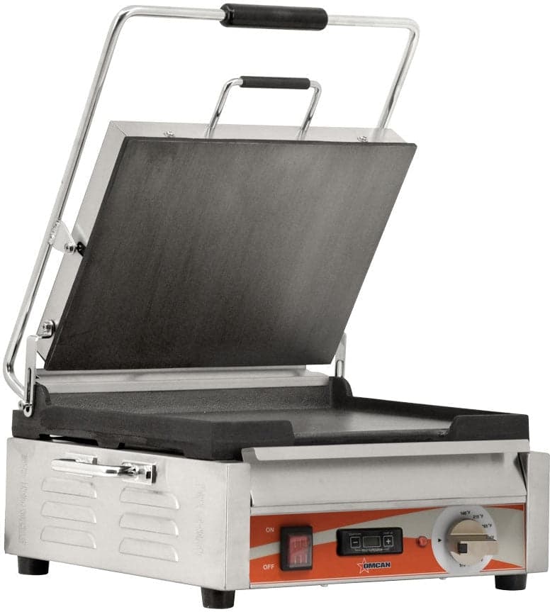 Omcan Single Panini Grill with Smooth Plates and Timer – Cooking Surface – 120V, 1800W