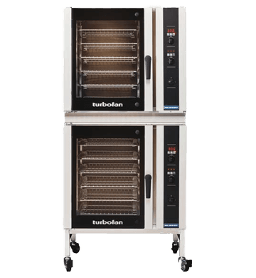 Turbofan – Two Full Size Digital / Electric Convection Ovens Double Stacked on a Stainless Steel Base Stand with adjustable feet – E35D6-26/2