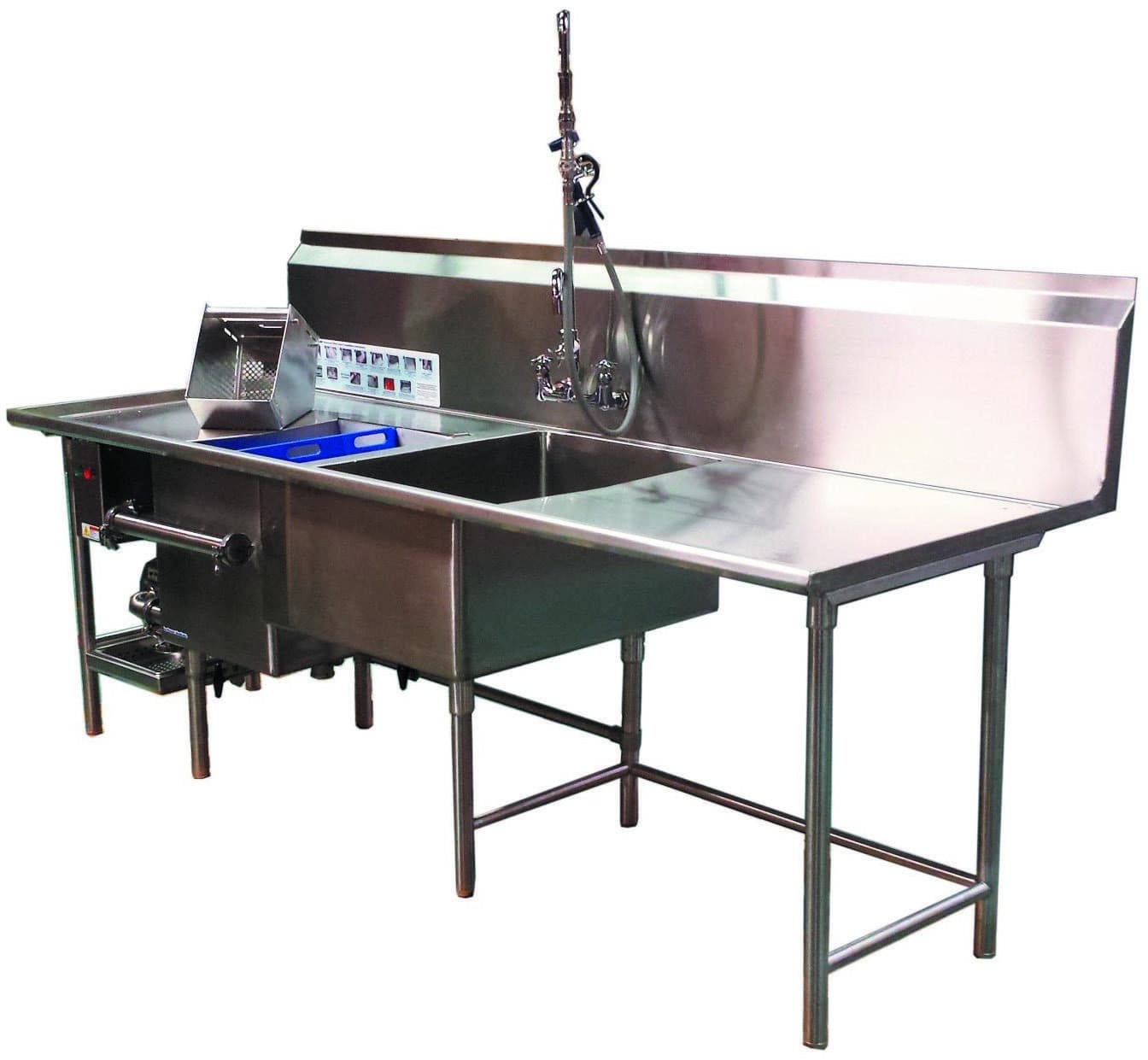 Stainless steel Power Soak sink system with a drainboard and pre-rinse faucet