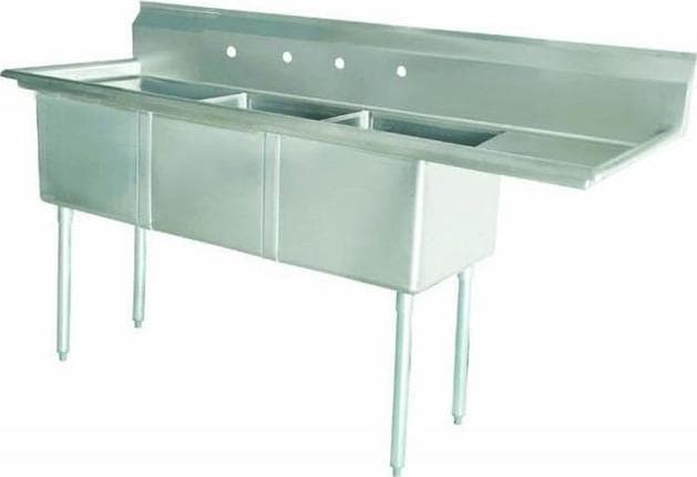 24″ x 24″ x 14″ Stainless Steel Three Tub Sink with 3.5″ Center Drain and Right Drainboard