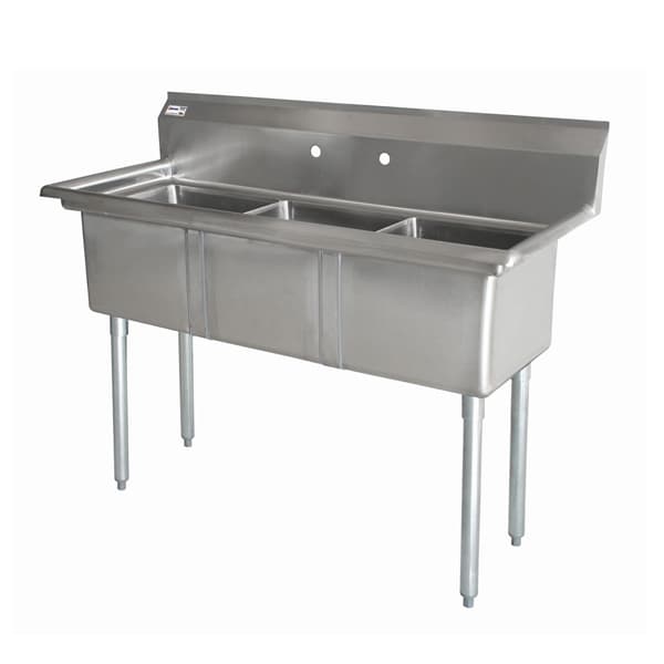 10″ x 14″ x 10″ 18-gauge stainless steel Three Tub Sink with 3.5″ Center Drain Without Drainboard