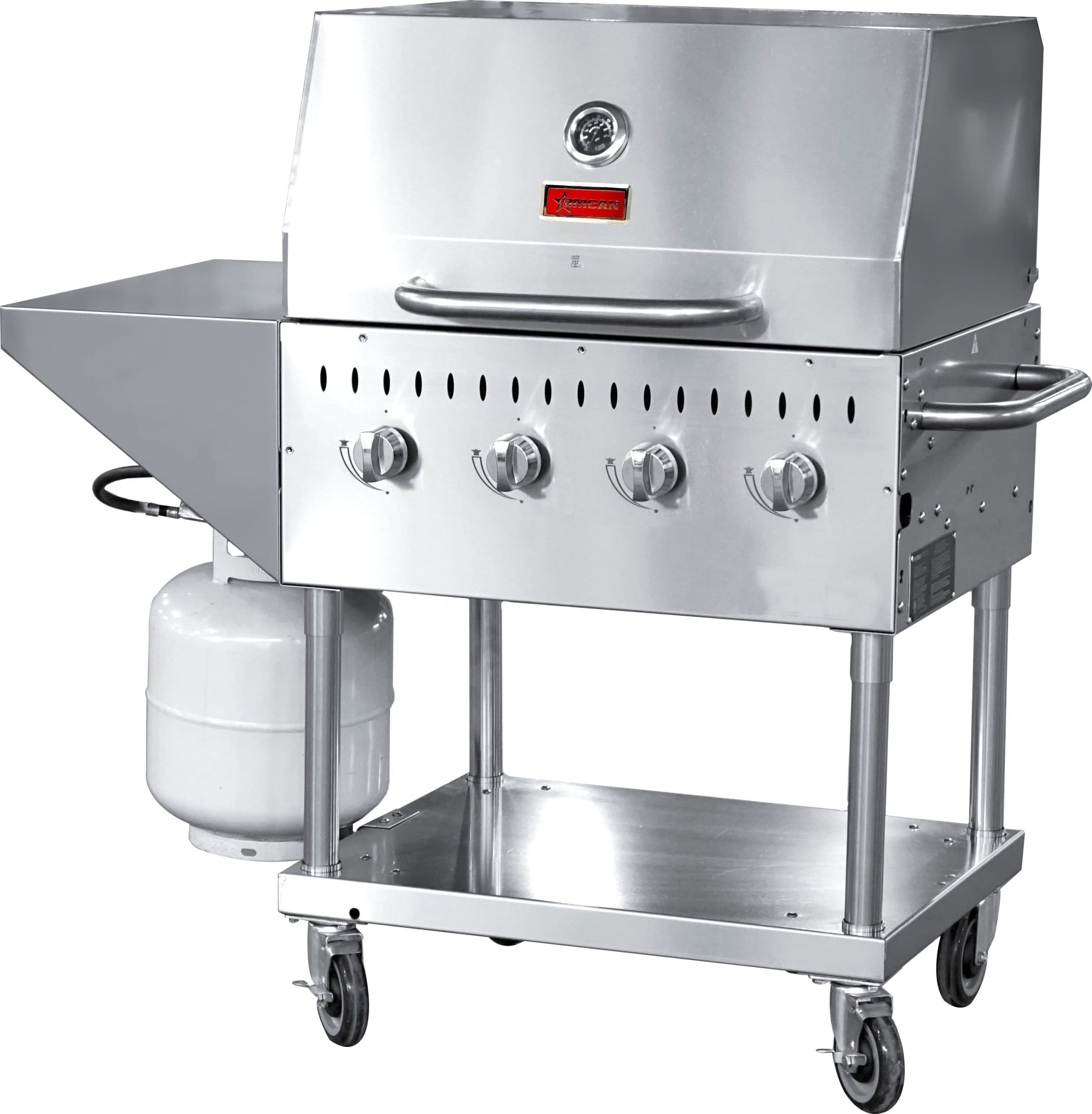 Stainless Steel Propane Outdoor BBQ Grill, 4 Burners, 64000BTU, Top And Side Shelf, 1 Roll Dome
