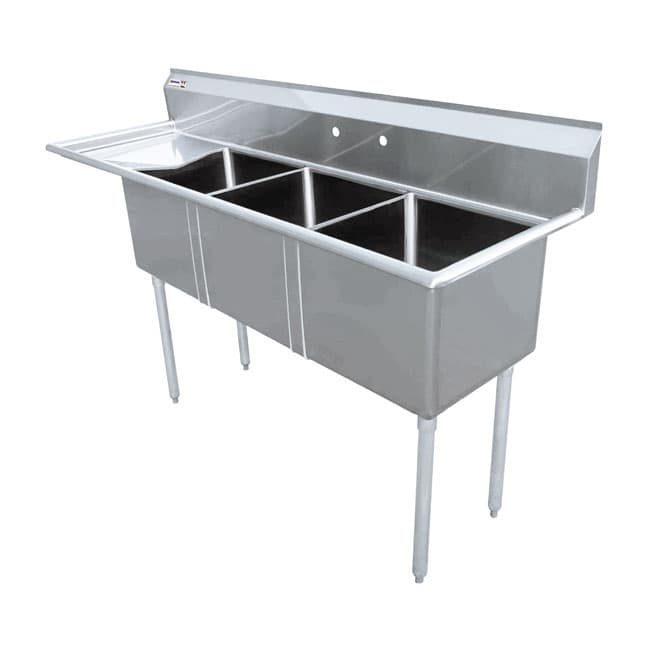 18″ x 18″ x 11″ 18-gauge stainless steel Three Tub Sink with 3.5″ Center Drain and Left Drainboard
