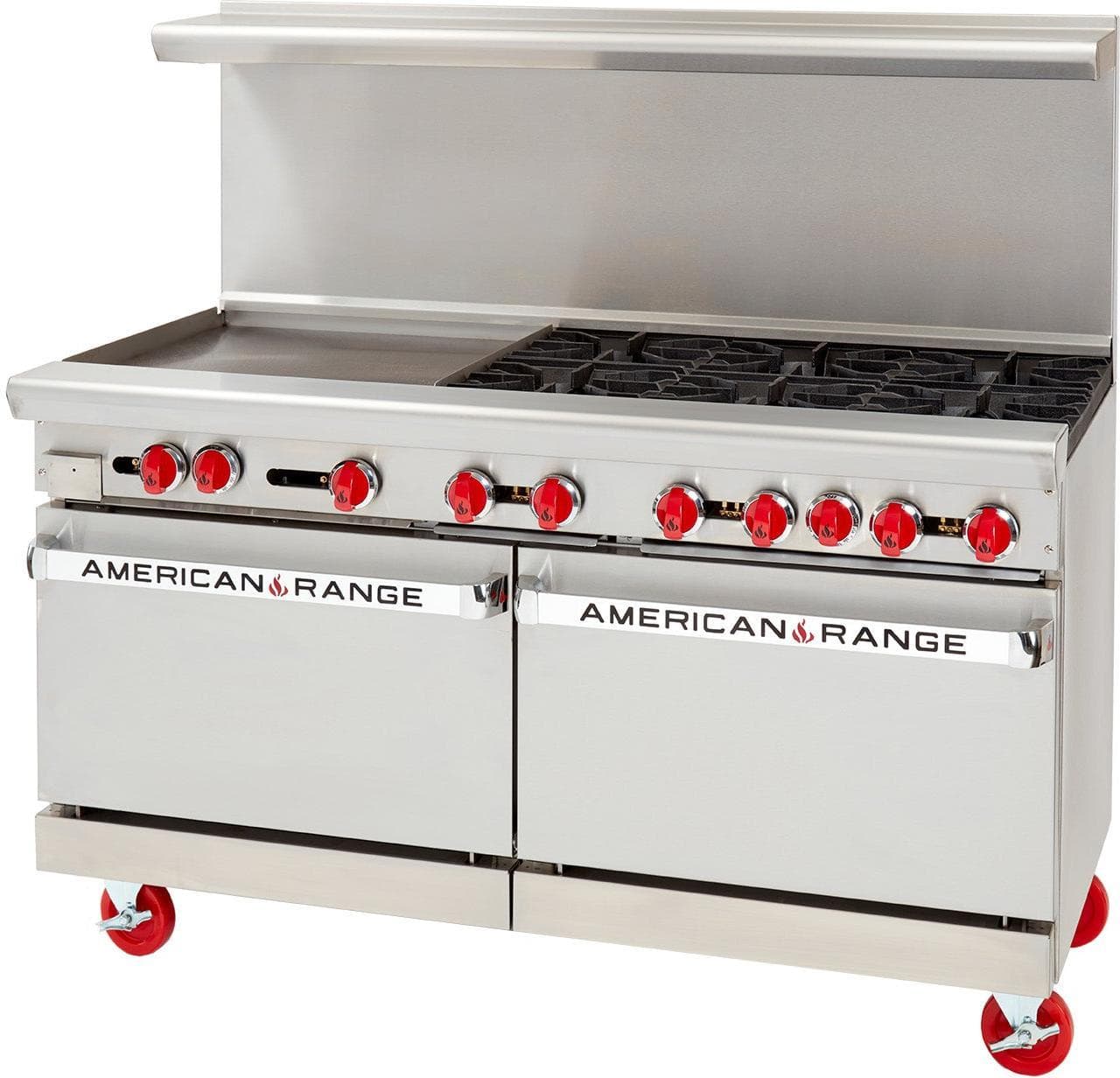American Range AR-24G-6B 60″ Natural Gas 6-Burner Restaurant Range with 2 Standard Ovens & 24″ Left Griddle Plate – 302,000 BTU