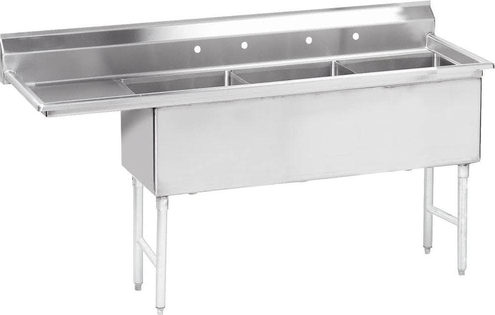 24″ x 24″ x 14″ Stainless Steel Three Tub Sink with 3.5″ Center Drain and Left Drainboard
