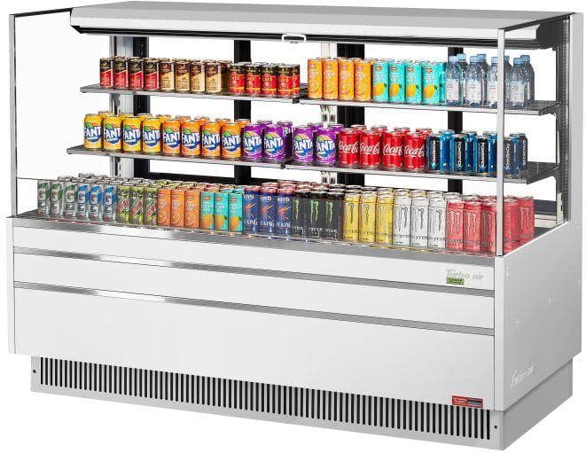 Turbo Air - 70.75" White Low Profile Horizontal Open Display Case with 2 Tiers 4 Glass Shelves + Deck - TOM-72L-UFD-W-3S-N (ETA 5-6 Weeks)