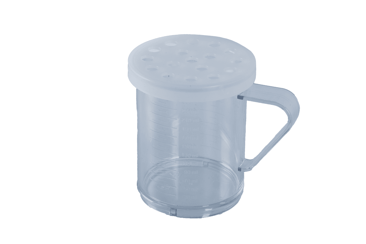 10 oz Polycarbonate Dredge with Clear Lid & 8 mm Hole for Coarsely Ground Products NSF