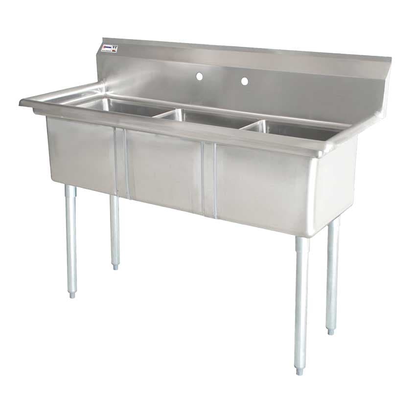 18″ x 18″ x 11″ 18-gauge stainless steel Three Tub Sink with 3.5″ Center Drain Without Drainboard