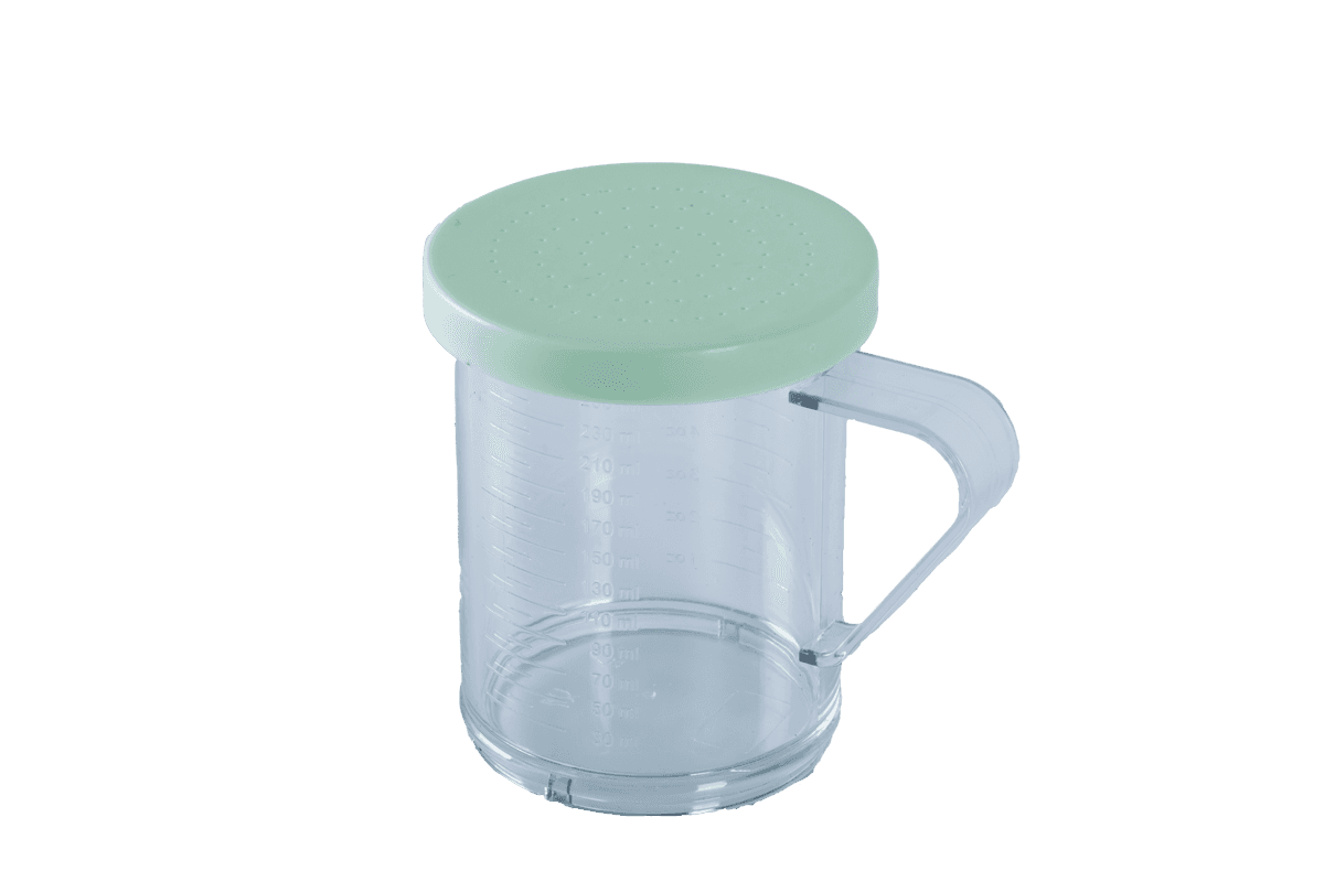 10 oz Polycarbonate Dredge with Green Lid & 0.6 mm Hole for Finely Ground Products NSF