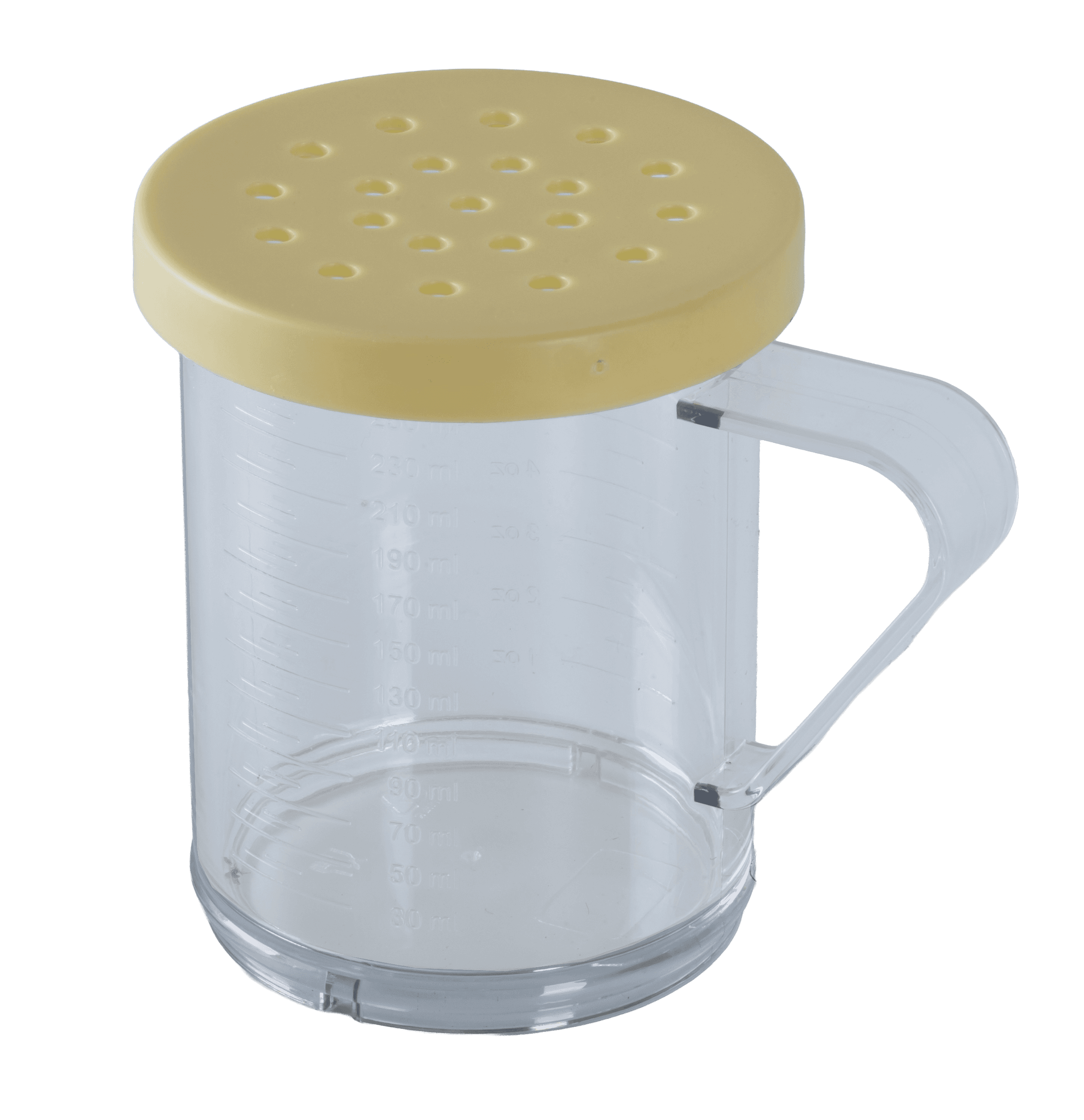 10 oz Polycarbonate Dredge with Yellow Lid & 4 mm Hole for Coarsely Ground Products NSF