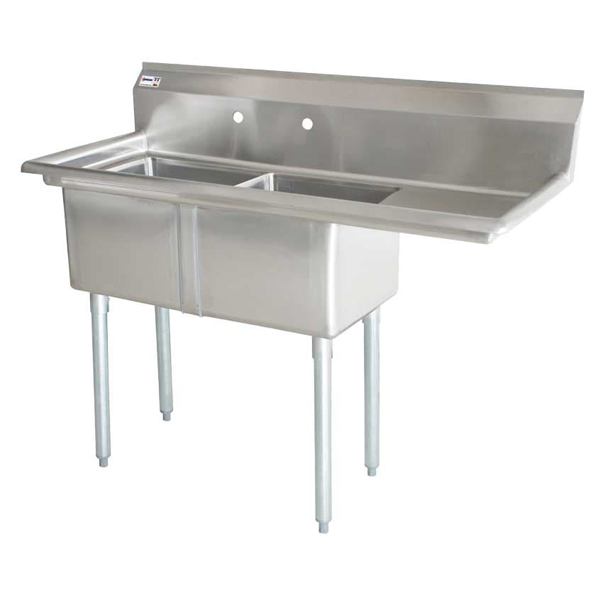 18″ x 21″ x 14″ 18-gauge stainless steel Two Tub Sink with 1.8″ Corner Drain and Right Drainboard