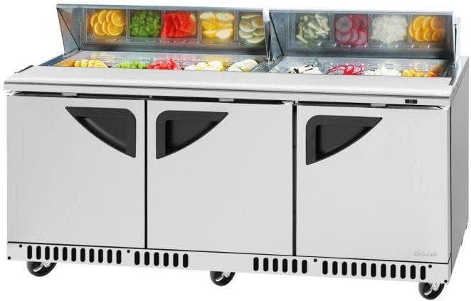 Turbo Air – Super Deluxe 72.4″ 3 Solid Doors Front Breathing Airflow Refrigerated Sandwich Prep Table with Stainless Steel Top and 18-Pan Opening – TST-72SD-FB-N (ETA 5-6 Weeks)