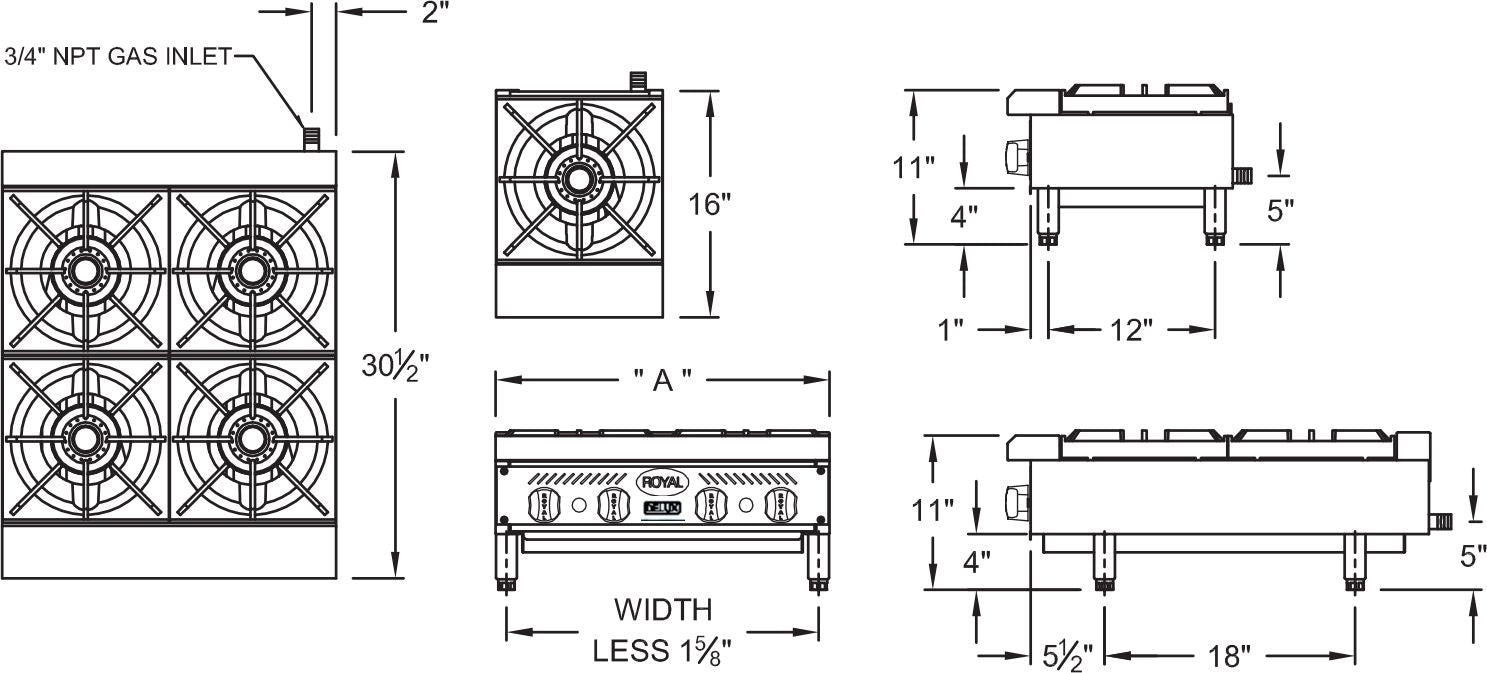 Royal - Delux 24", 4 Burners Stainless Steel Heavy Duty Hot Plates - RDHP-24-4 Royal - Delux 24", 4 Burners Stainless Steel Heavy Duty Hot Plates - RDHP-24-4