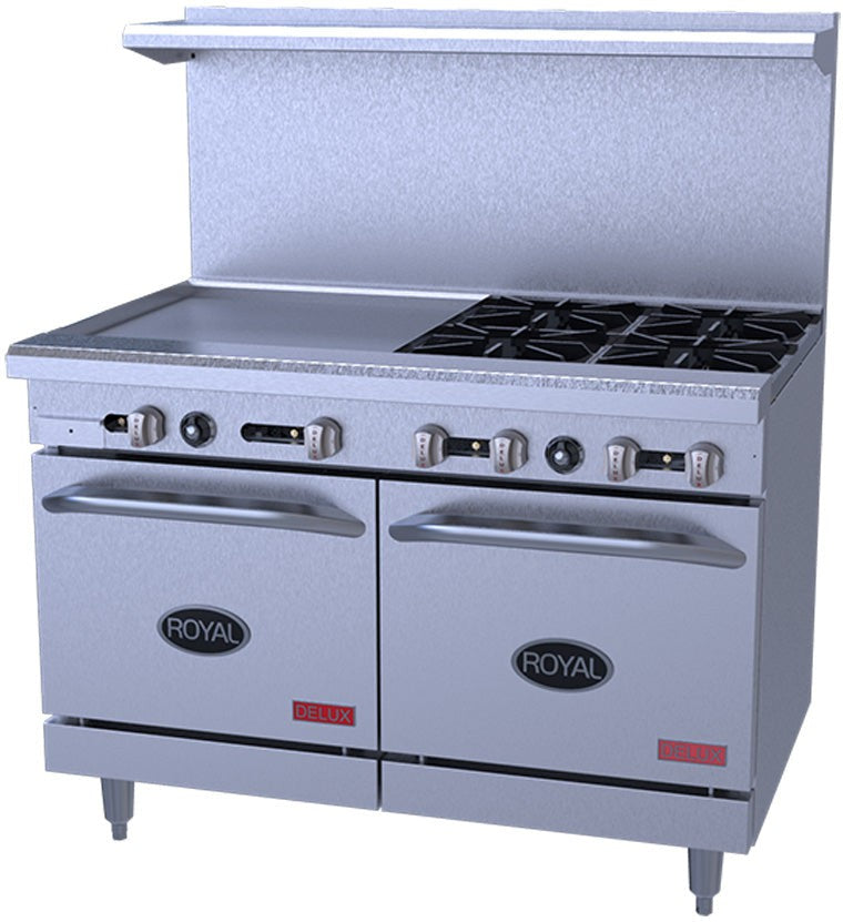 Royal - Delux 48" Stainless Steel Gas Range With Two 20" Wide Ovens with 24" Griddle - RDR-4G24 Royal - Delux 48" Stainless Steel Gas Range With Two 20" Wide Ovens with 24" Griddle - RDR-4G24