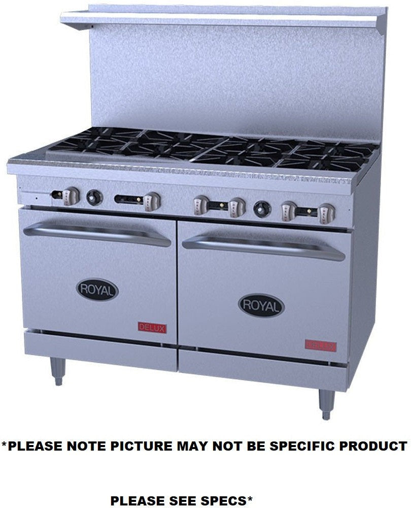 Royal - Delux 48″ Stainless Steel Gas Range With Two 20 Wide Ovens And 12" Griddle - RDR-6G12 Royal - Delux 48″ Stainless Steel Gas Range With Two 20 Wide Ovens And 12" Griddle - RDR-6G12