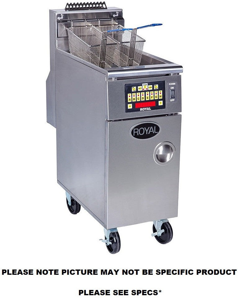 Royal - 60 Lb (58.5") Digital Thermostat High Efficiency Fryer with Built In Filter System and 8 Product Computer Control with Individual Programming - RHEF-60-3-CM Royal - 60 Lb (58.5") Digital Thermostat High Efficiency Fryer with Built In Filter System and 8 Product Computer Control with Individual Programming - RHEF-60-3-CM