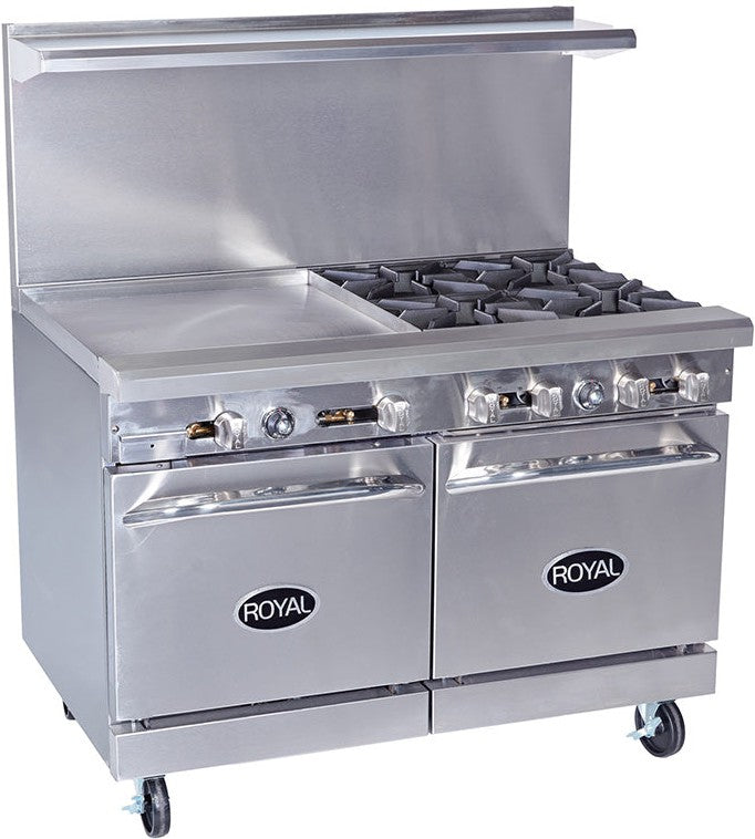 Royal - 48″ Stainless Steel Open Burner With 24" Griddle And Two 20" Wide Ovens Gas Range - RR-4G24 Royal - 48″ Stainless Steel Open Burner With 24" Griddle And Two 20" Wide Ovens Gas Range - RR-4G24