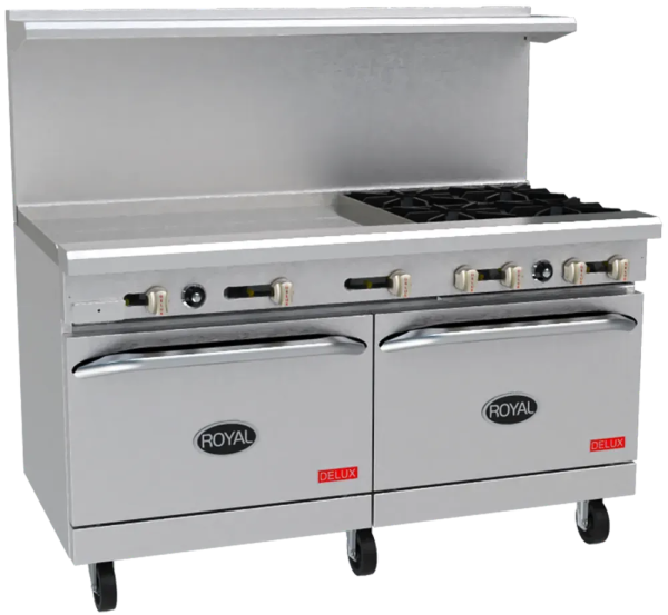 Royal - 60″ Stainless Steel 6 Open Burner Gas Range with 24” Wide Griddle and 26.5" Wide Oven - RR-6G24